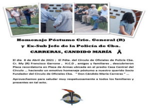 Lee más sobre el artículo Placa recordatoria Crio. General (R) y  Ex-Sub Jefe de la Policía de Cba. CARRERAS, CANDIDO MARÍA