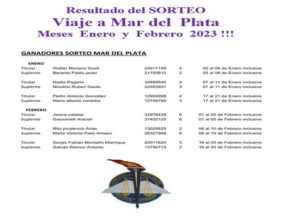 Lee más sobre el artículo RESULTADO  SORTEO VIAJE A MAR DEL PLATA