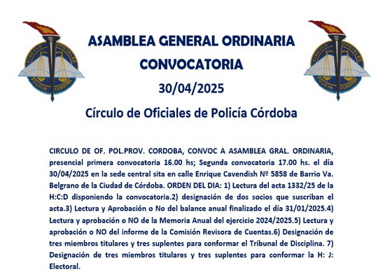 Lee más sobre el artículo CONVOCATORIA ASAMBLEA GRAL. ORDINARIA C.O.P.C